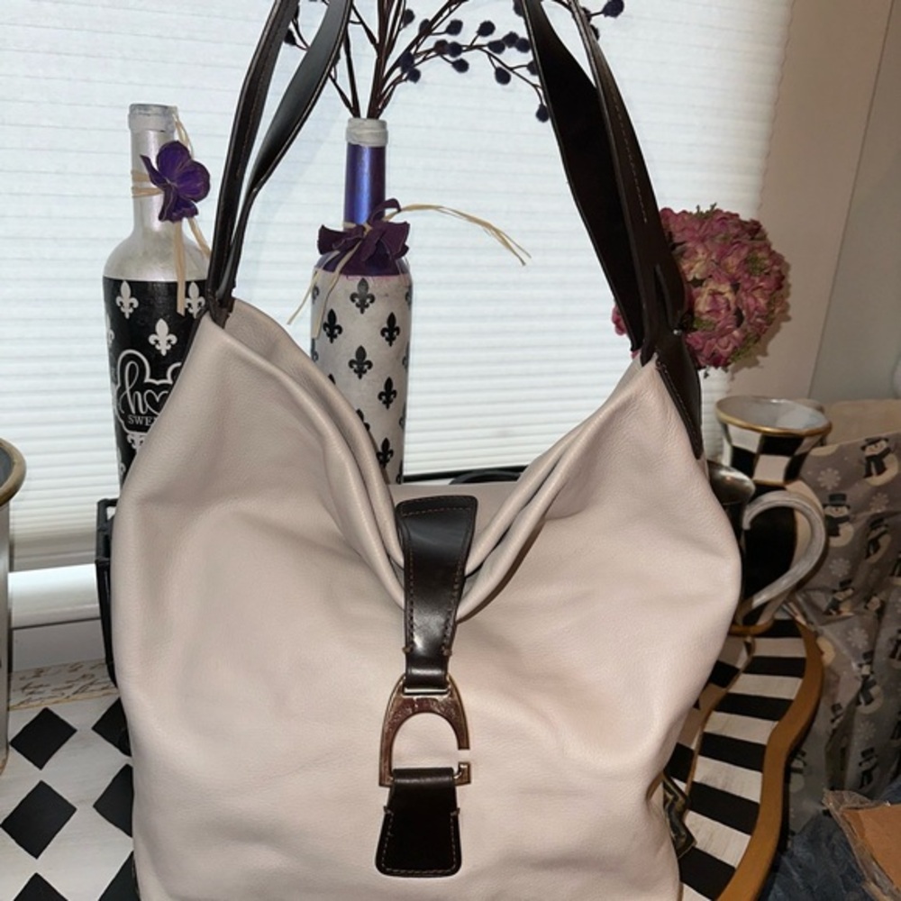 Dooney & Bourke White and Brown Hobo Bag with Leather Handles